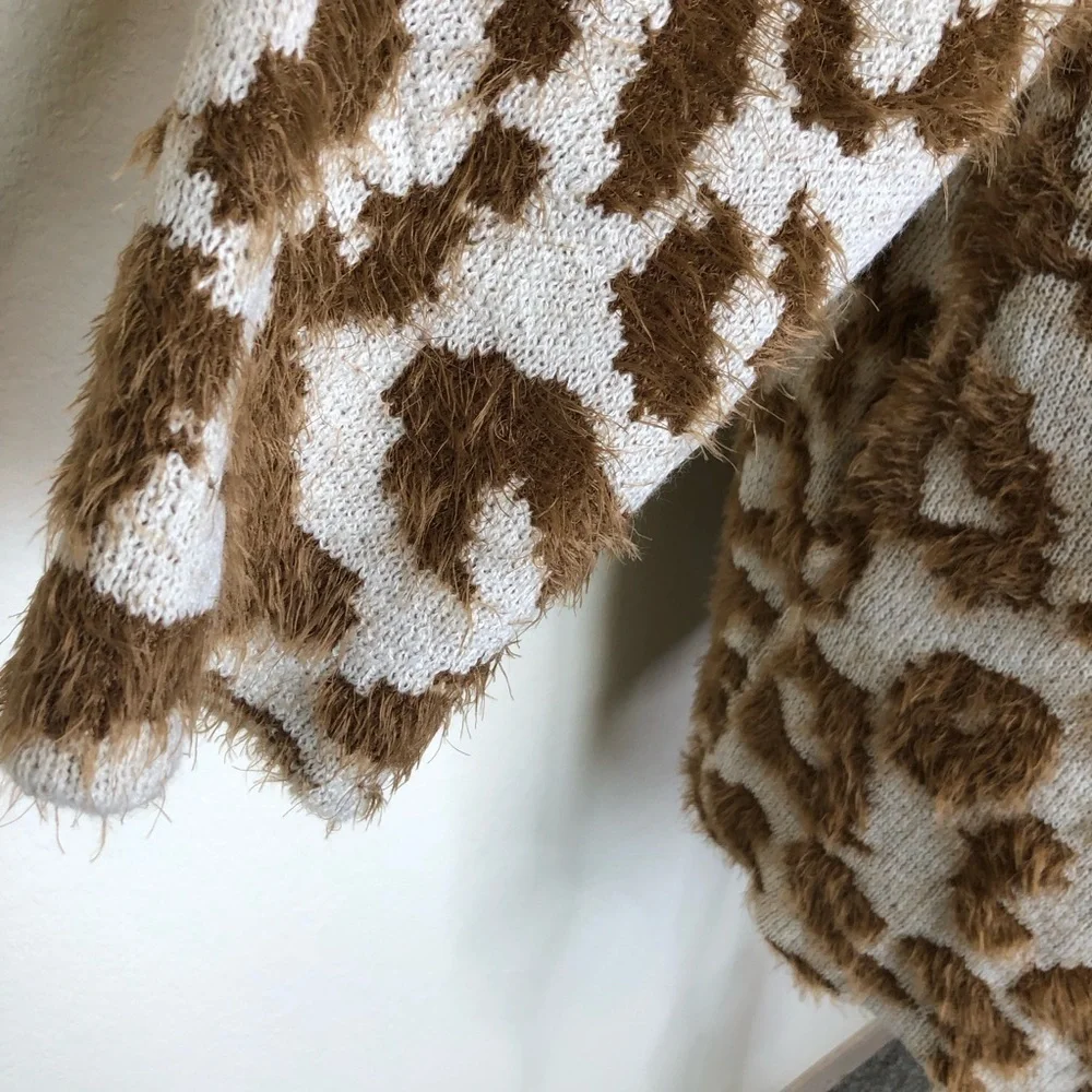 UNIQ Mocha Leopard Print Long Fluffy Textured Cardigan‎ S/M Cozy Lounge Wear